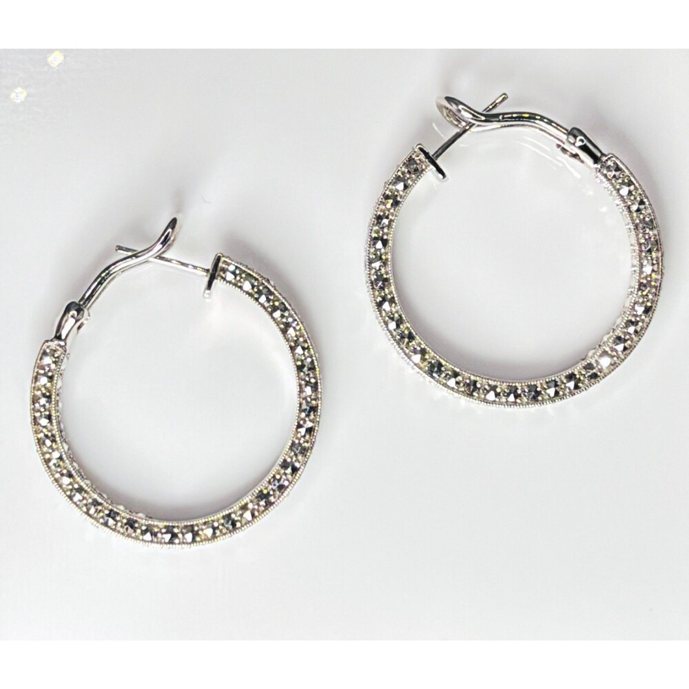 Dallas Prince 925 Sterling Silver Marcasite Hoop Earrings 1.25" 9.7g